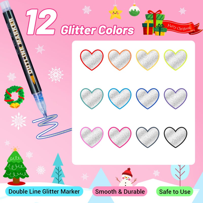 AKARUED Outline Markers as Christmas Gifts for Teens & Tween Girls, Shimmer Metallic Glitter Marker, 12 Cool Pen for Doodling Drawing, Trendy Cute Arts Crafts Supplies & Stocking Stuffers for Teenage Girls - Image 2